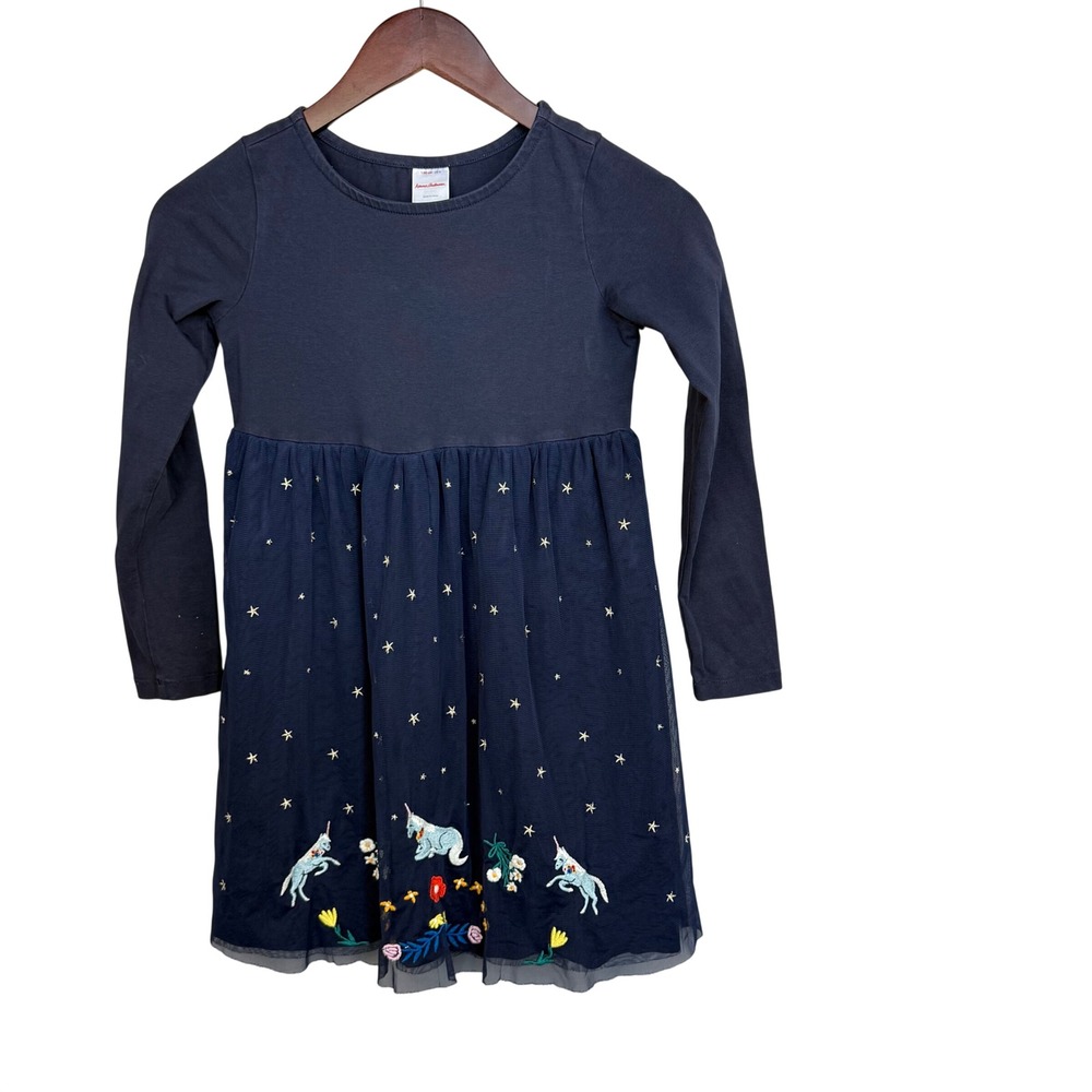 Hanna Andersson Girls Navy Unicorn Star Tulle Dress Long Sleeve Size 8 130cm‎